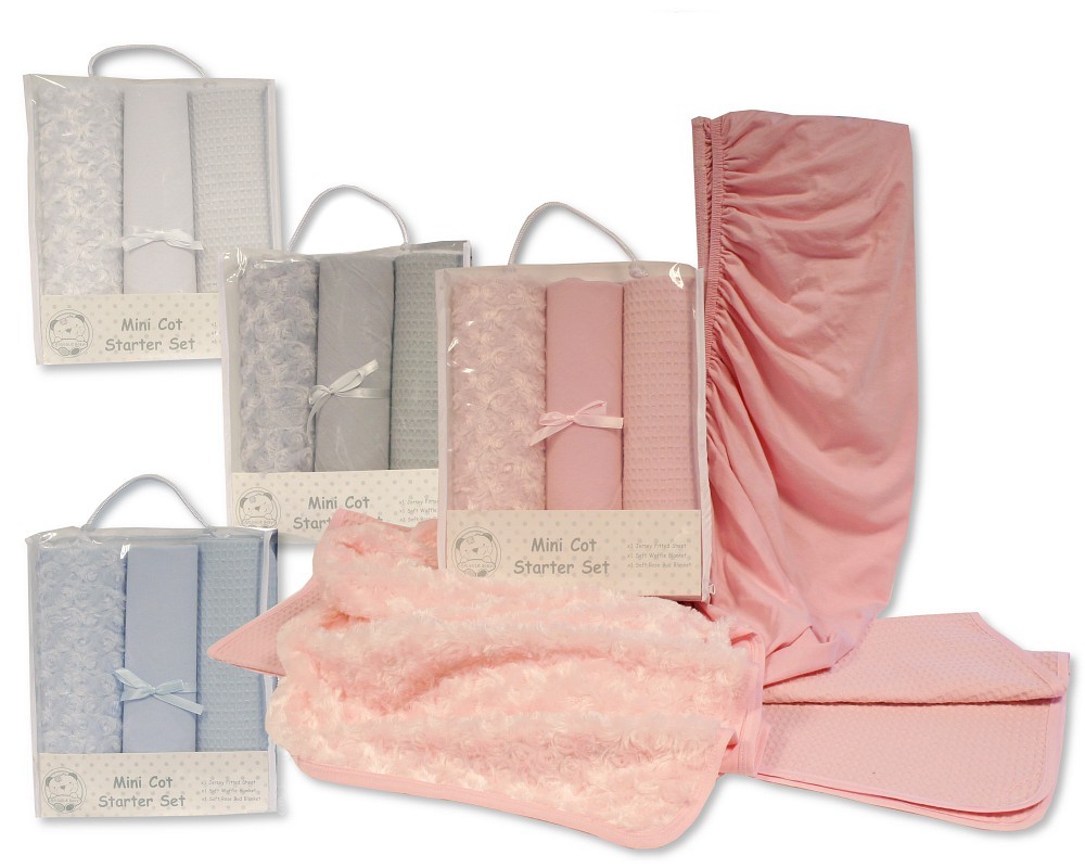 Mini Cot Starter Set – 3 Pieces - fits mattress size 100 x 50cm (1x Jersey Fitted Sheet, 1x Soft Waffle Blanket, 1x Rosebud Blanket) - White