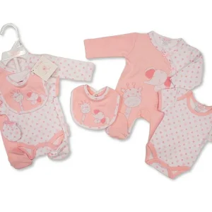 Premature Tiny Baby Girls Pink Elephant & Giraffe 4 Piece Set (737) 3-5lbs