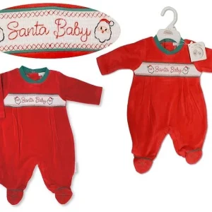 Baby Christmas Velour All in One Babygrow with Smocking - Santa Baby - 3-6months