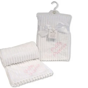 Baby Coral Fleece Stripe Effect Blanket with Embroidery -  White Little Princess