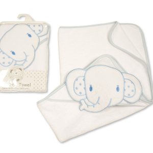 Baby Hooded Towel 100% cotton - 75 x 75cm – Elephant - White/Blue