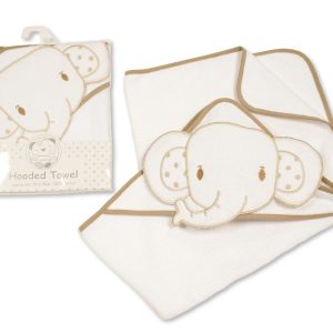 Baby Hooded Towel 100% cotton - 75 x 75cm – Elephant - White/Taupe